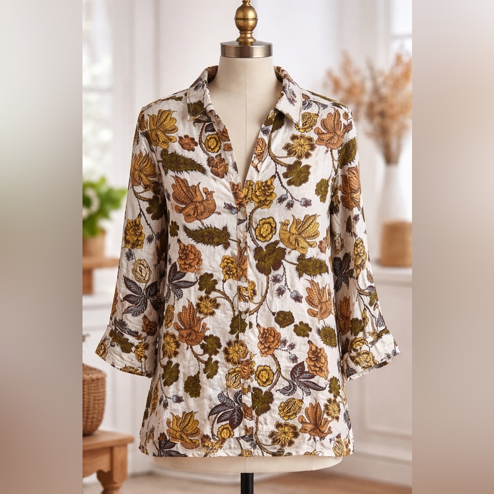 nicole miller Women’s 100% Linen Fall Turkey Paisley Floral Button Shirt Medium